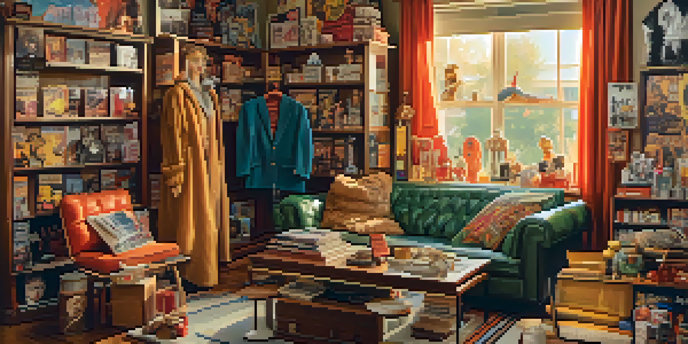 A collection of cult film merchandise featuring figurines, posters, and apparel displayed in a cozy room with warm lighting.