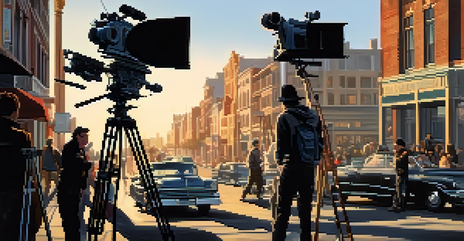 A film set with a director and crew filming a socially conscious film, highlighting teamwork and creativity.