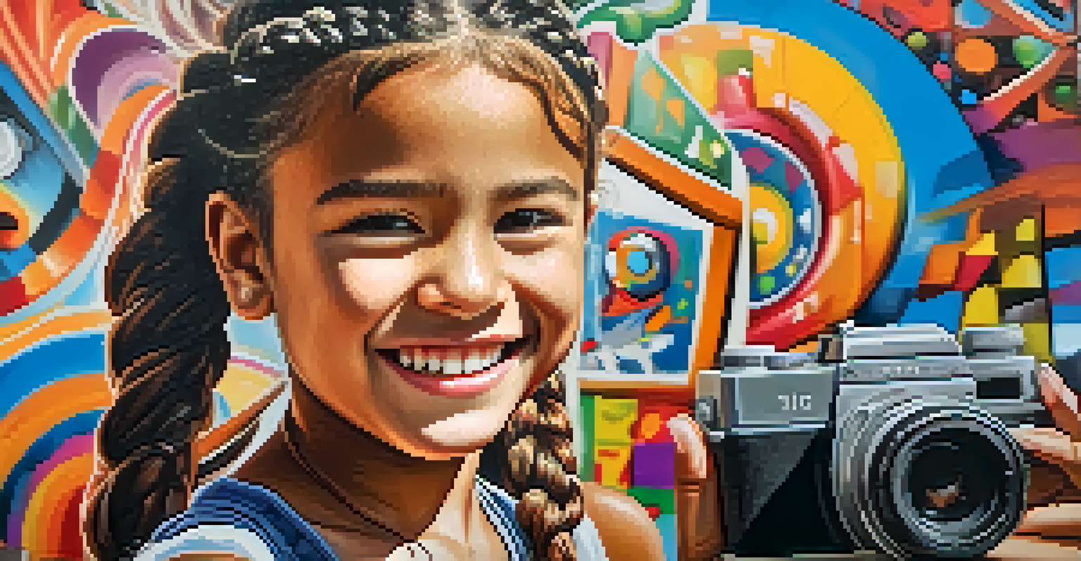 A young girl with braided hair holding a camera, smiling in front of colorful street art with murals in the background.