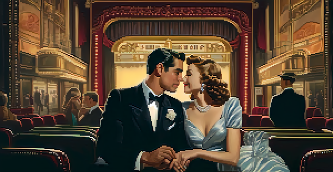 A couple in vintage attire sharing a romantic moment in a dimly lit classic movie theater, with ornate decorations and soft golden light.