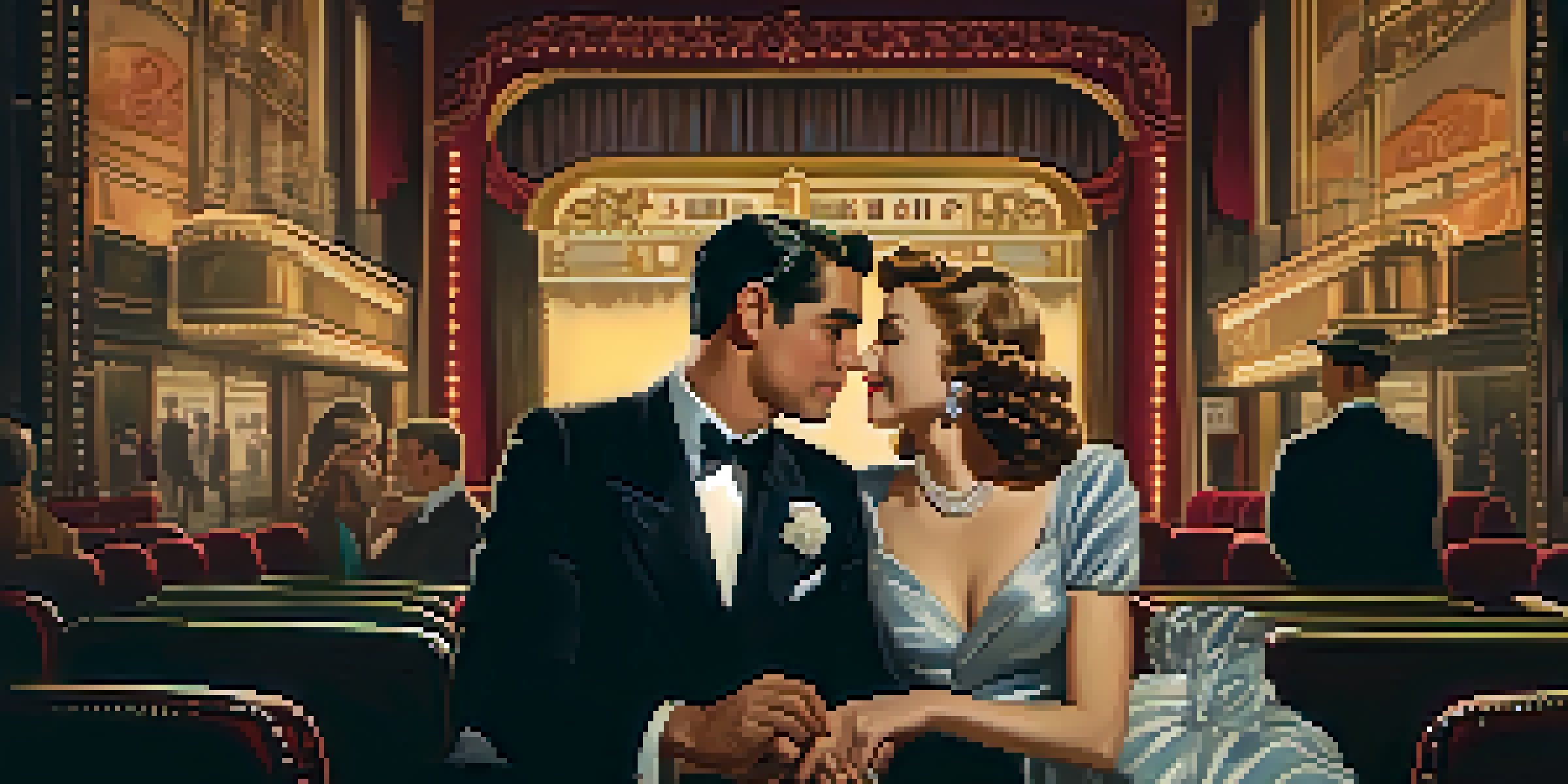 A couple in vintage attire sharing a romantic moment in a dimly lit classic movie theater, with ornate decorations and soft golden light.