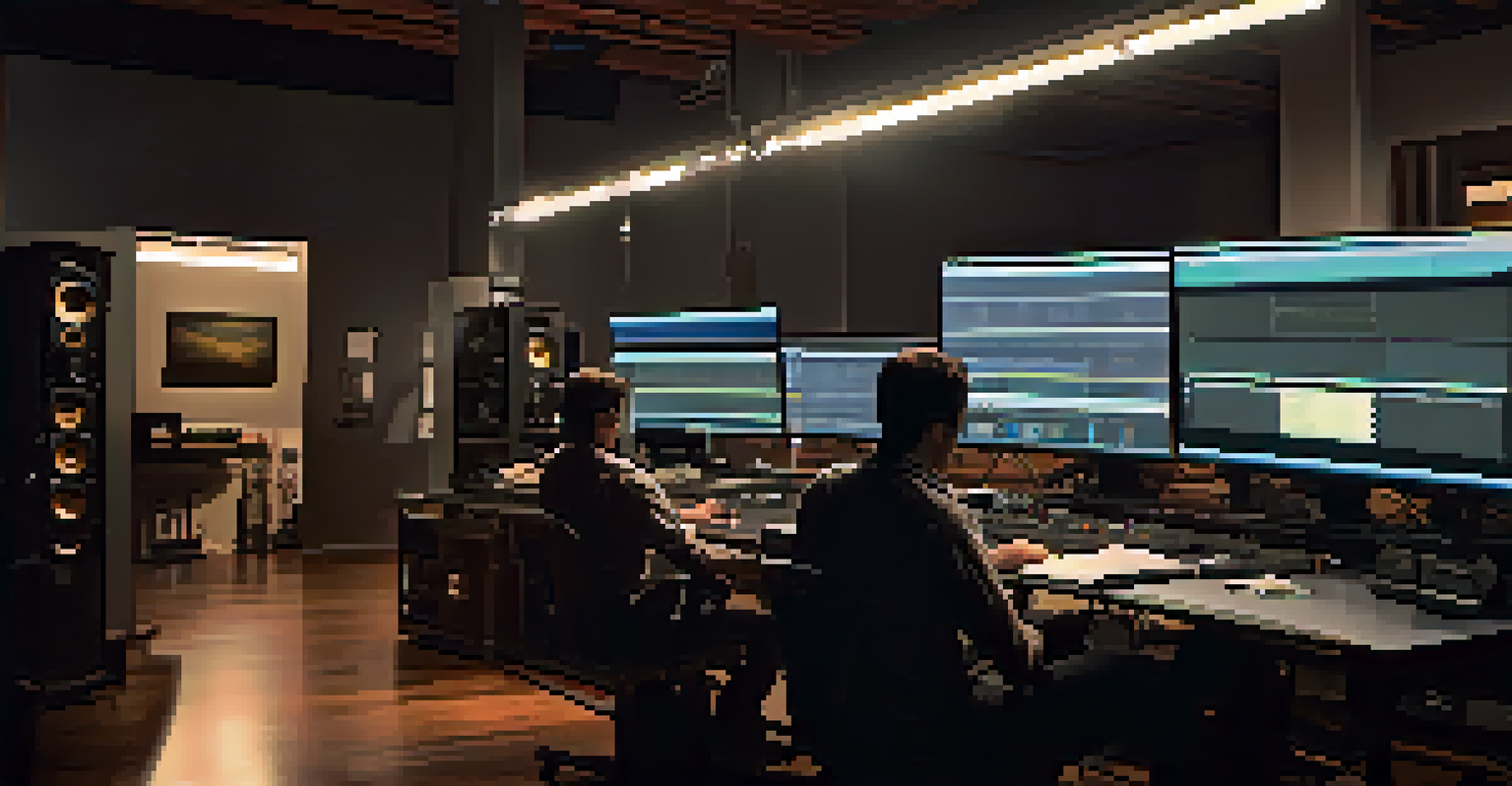 Editors working in a dimly lit film post-production room, surrounded by monitors and editing tools.