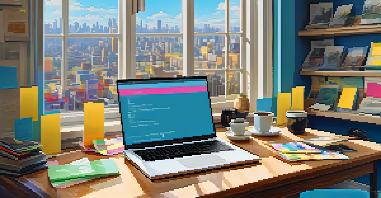 A contemporary digital workspace with a laptop showing a video essay, colorful notes, and a city view.