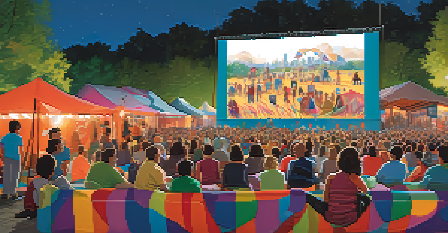 A lively film festival with a diverse audience engaging around an outdoor screening, discussing films passionately.