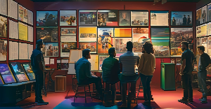 A group of filmmakers discussing storyboards with movie posters in the background and a trailer playing on a screen.