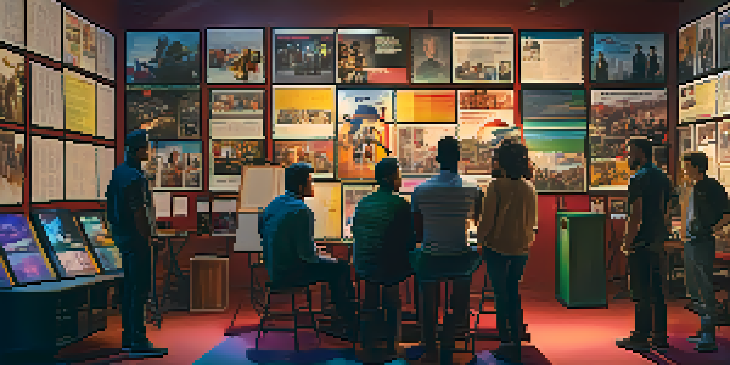 A group of filmmakers discussing storyboards with movie posters in the background and a trailer playing on a screen.