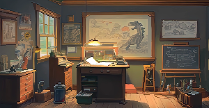 A vintage animation studio with a wooden desk, sketches, and a lamp illuminating hand-drawn characters.