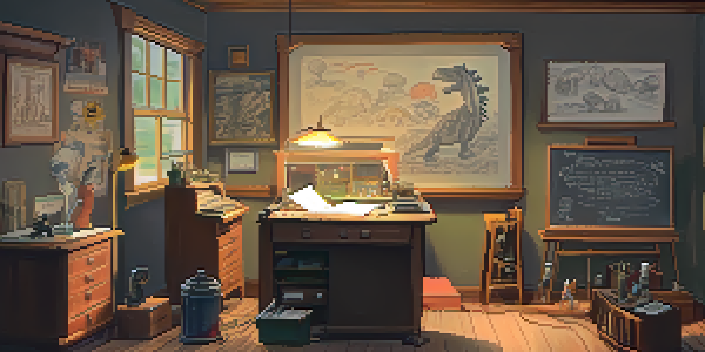 A vintage animation studio with a wooden desk, sketches, and a lamp illuminating hand-drawn characters.