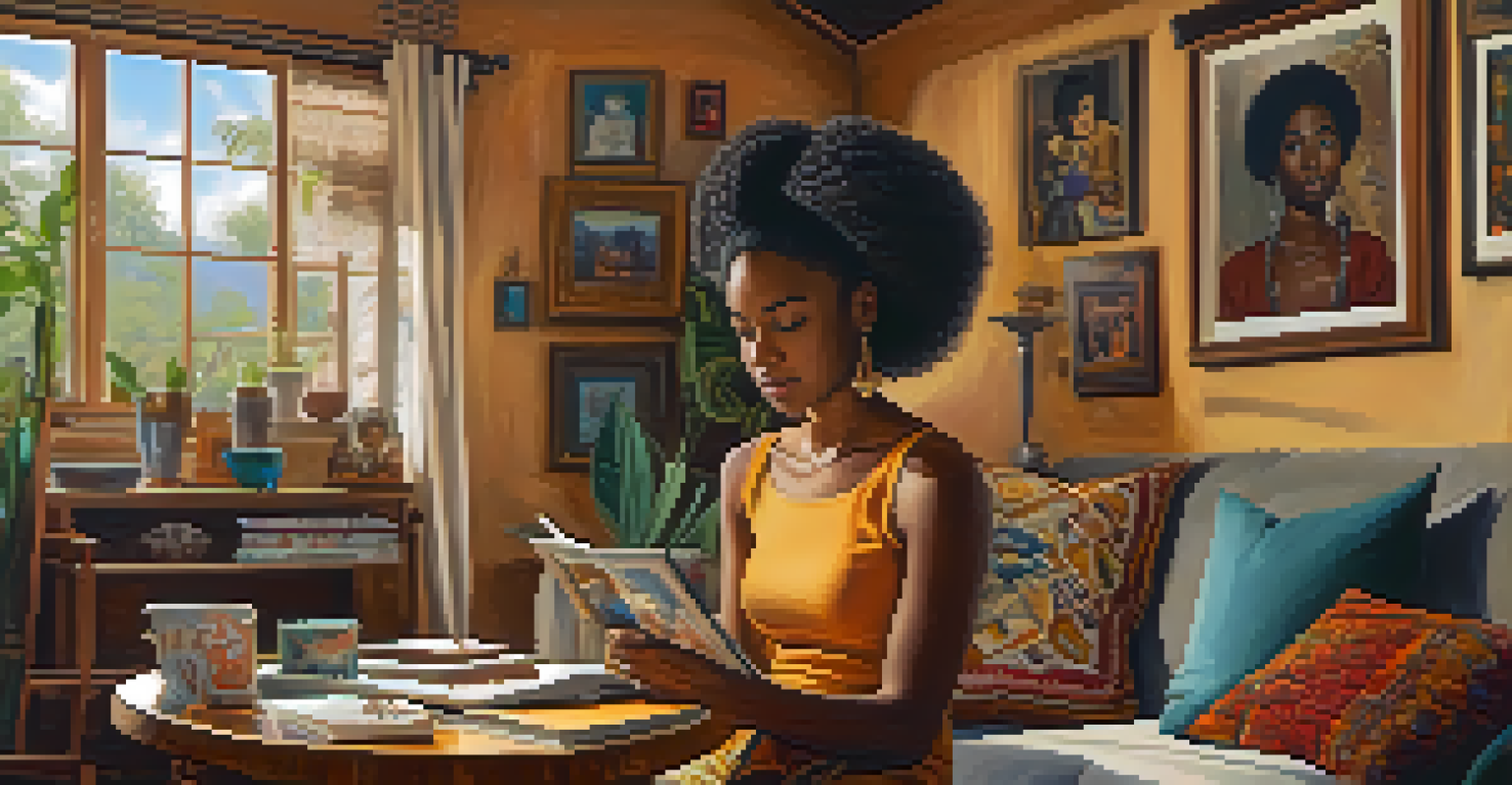 A young Black woman in a cozy living room, looking through a photo album, surrounded by family portraits and cultural artifacts.