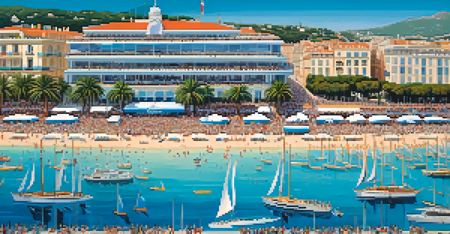 An aerial view of the Cannes Film Festival with busy streets, film posters, the beach, and luxury yachts in the sea.