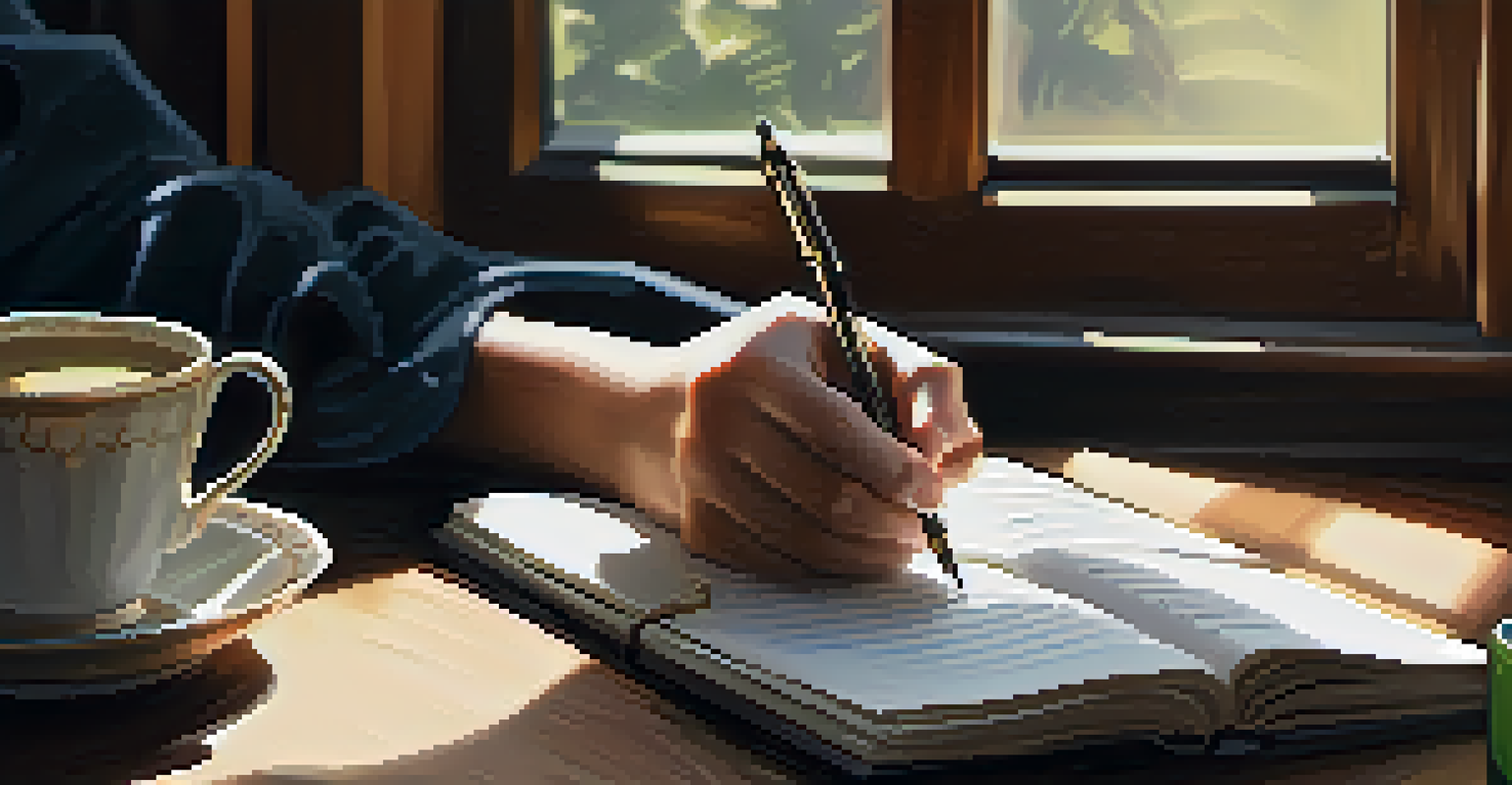 A person writing in a journal with a cup of tea beside it, illuminated by natural light from a window.