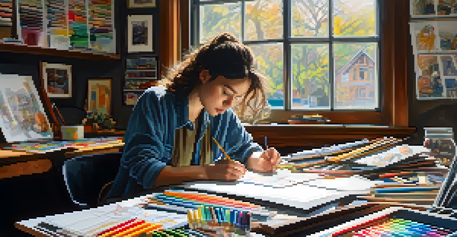 An artist at a desk creating storyboards, surrounded by art supplies and natural light from a window.