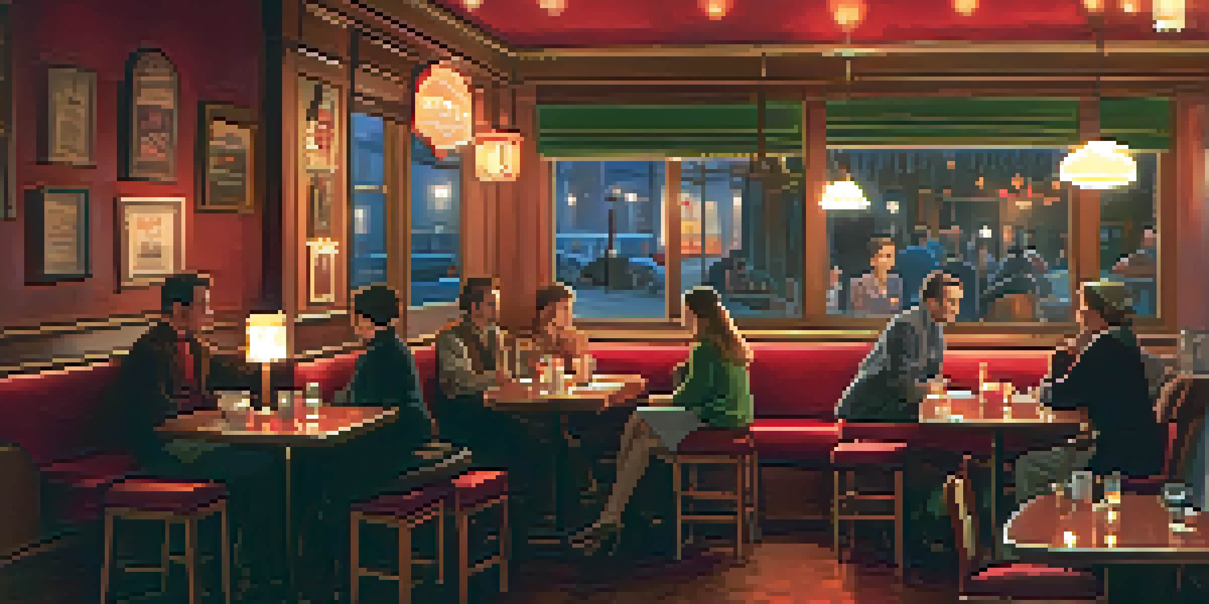 A cozy café with warm red lighting, vintage decor, and patrons engaged in conversation, evoking themes of love and passion.