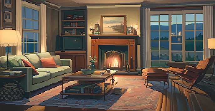 A cozy living room set with warm lighting, vintage furniture, and a glowing fireplace, creating an inviting atmosphere.