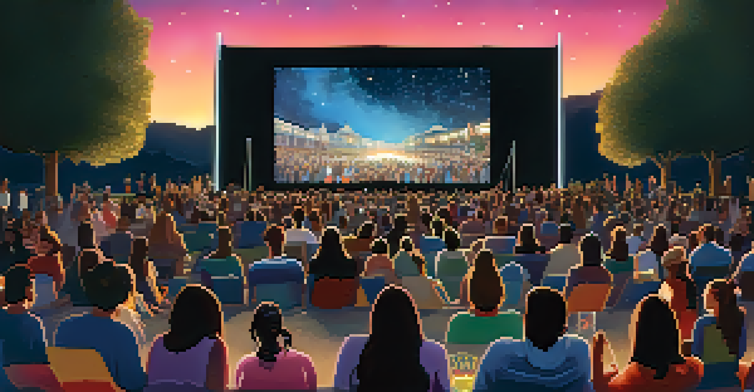 An outdoor film festival with a diverse audience watching a female-led film on a large screen under a starry night sky.
