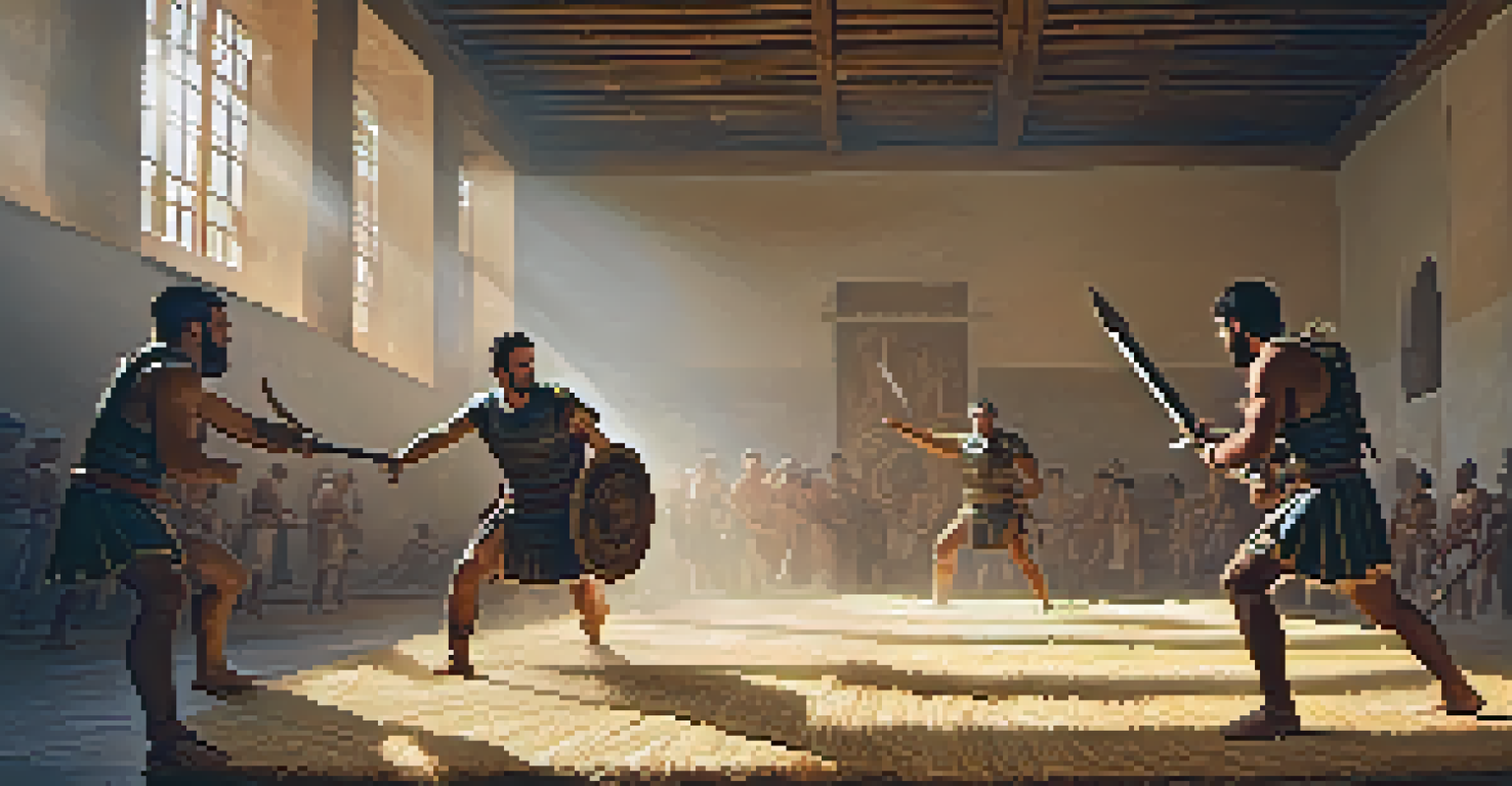 Gladiators training in a dimly lit room, practicing combat techniques with wooden weapons.