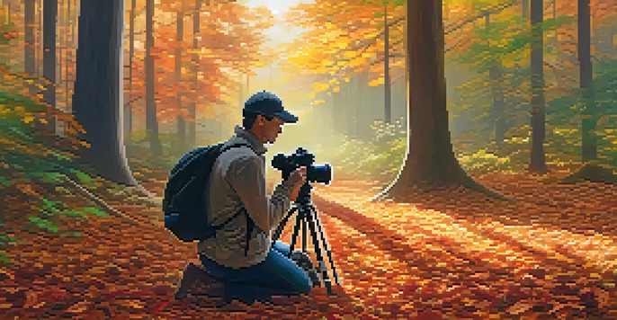 A filmmaker capturing autumn leaves in a forest with sunlight filtering through the trees.