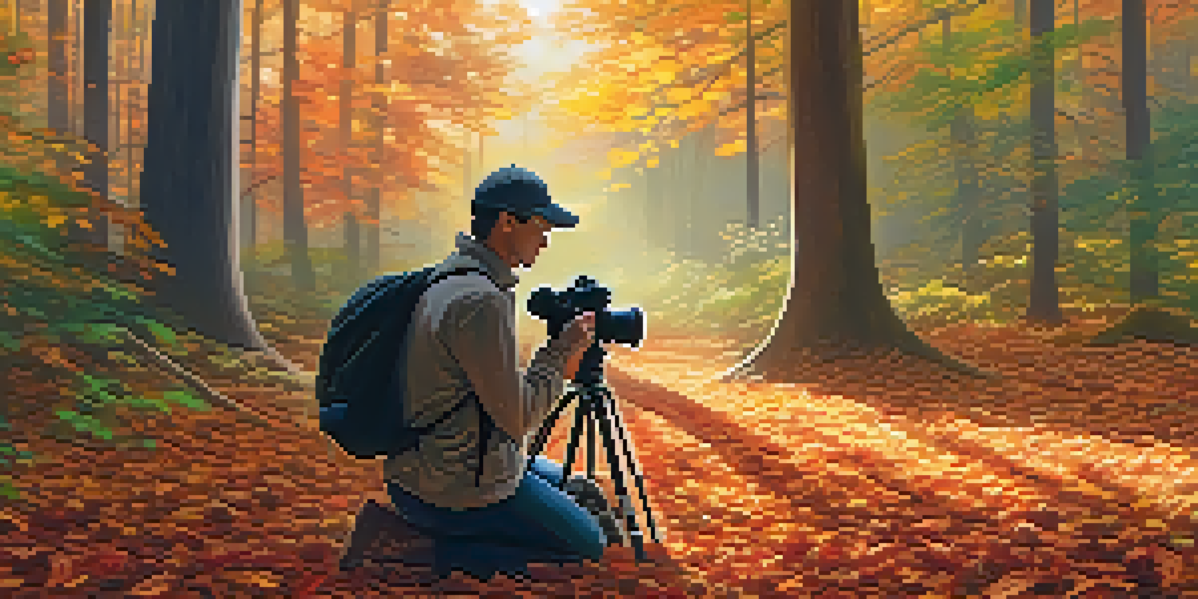 A filmmaker capturing autumn leaves in a forest with sunlight filtering through the trees.