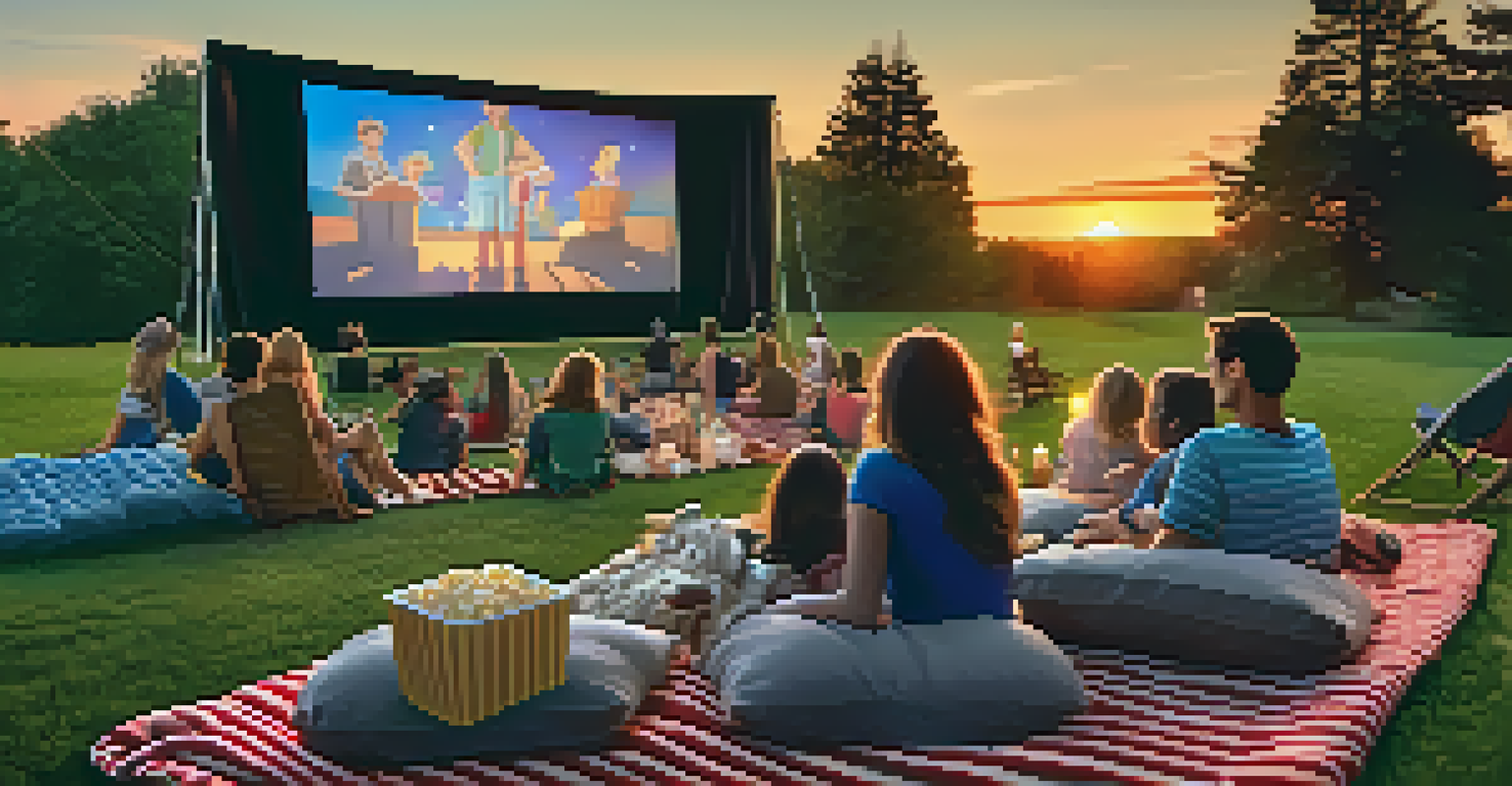 An outdoor cinema with an inflatable screen displaying a movie, surrounded by people sitting on blankets and chairs, with string lights overhead at sunset.