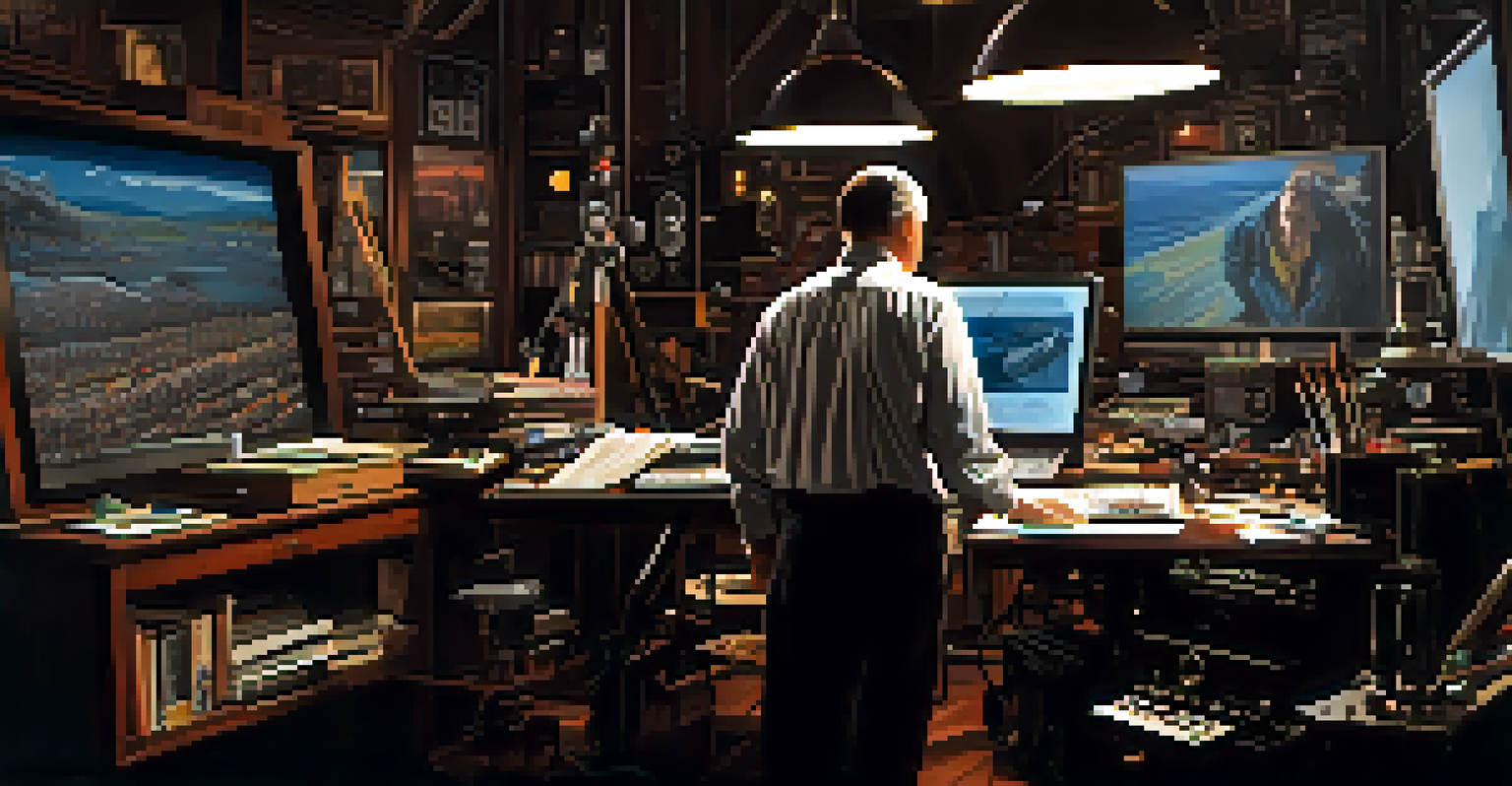 A film director on set, surrounded by modern and classic filmmaking tools, looking thoughtfully at a chaotic scene that humorously exaggerates societal norms.