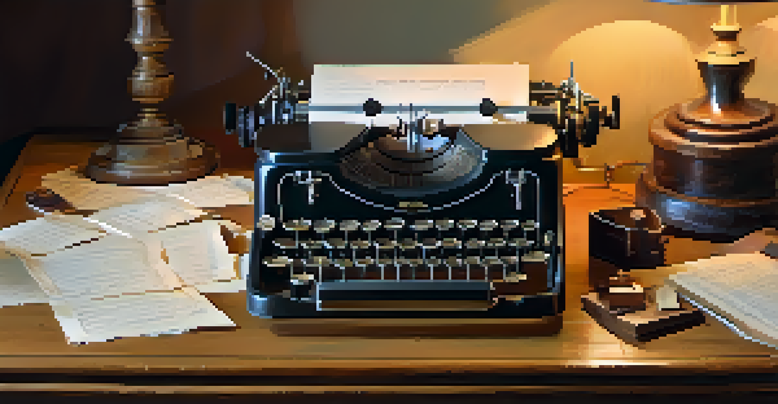 A close-up of an antique typewriter on a wooden desk, with handwritten notes and warm desk lamp light creating a nostalgic atmosphere.