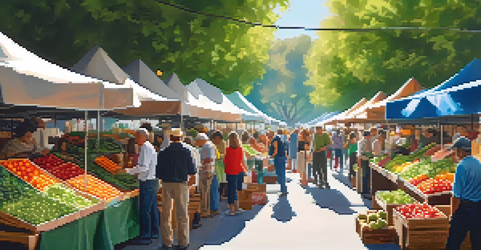A busy farmer's market with colorful fruits and vegetables, vendors, and sunlight filtering through trees.