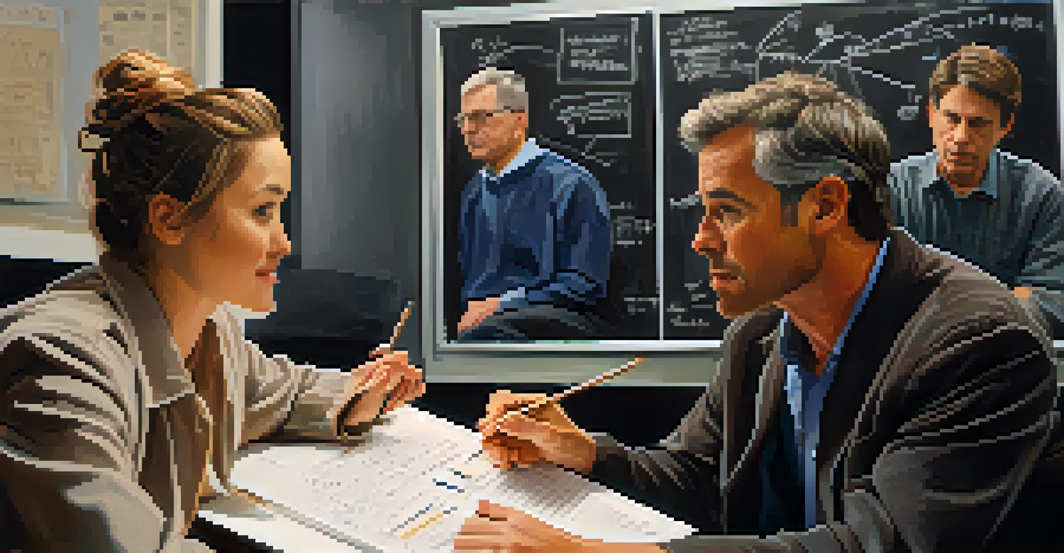A close-up of a producer and director discussing, with a whiteboard filled with notes in a warmly lit setting.