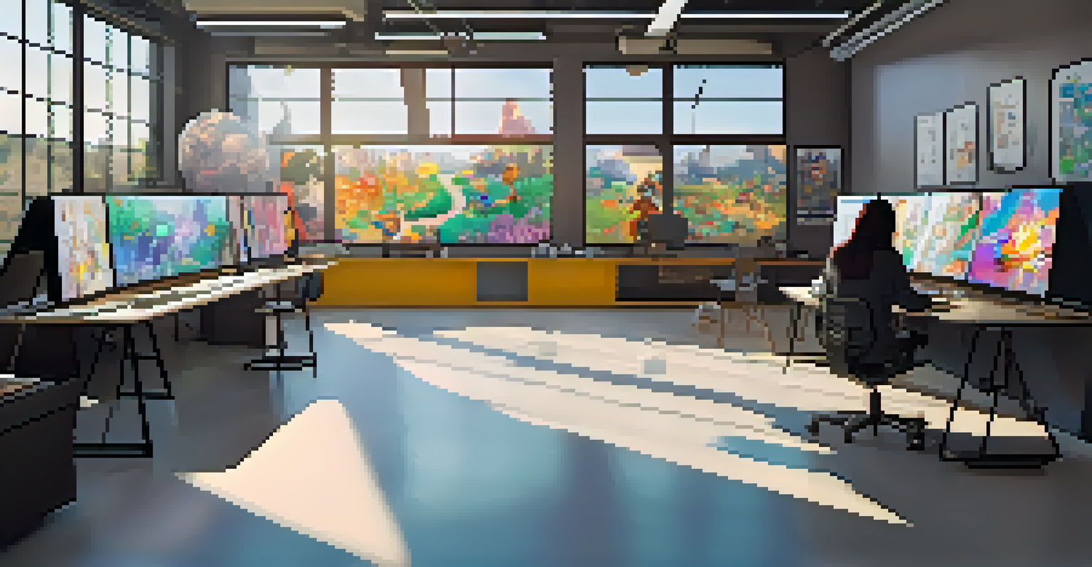 An animation studio workspace with artists working together on vibrant character designs and storyboards.