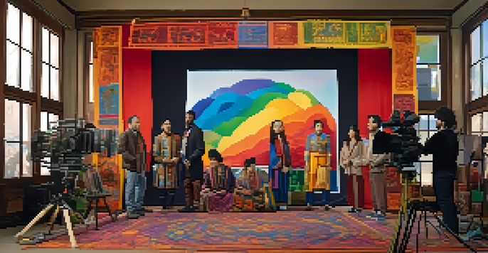 A diverse group of filmmakers on a colorful film set discussing a script, surrounded by cultural props and natural light.