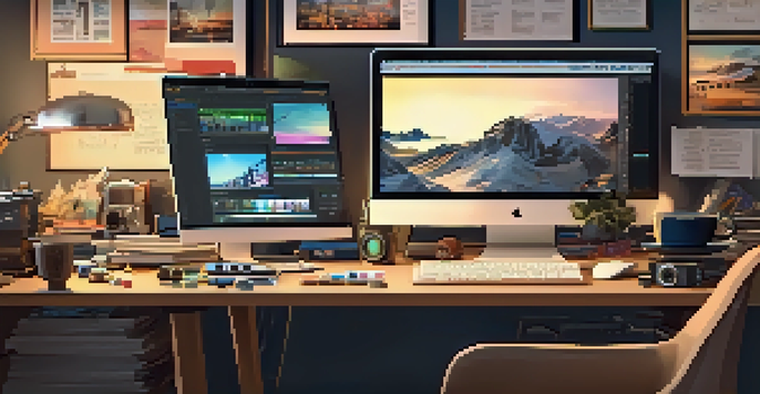A film editor's workspace filled with screens, film reels, notes, and a coffee cup in a warm, cozy environment.