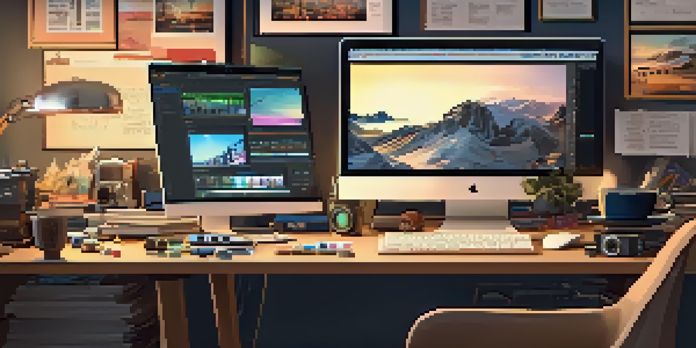 A film editor's workspace filled with screens, film reels, notes, and a coffee cup in a warm, cozy environment.