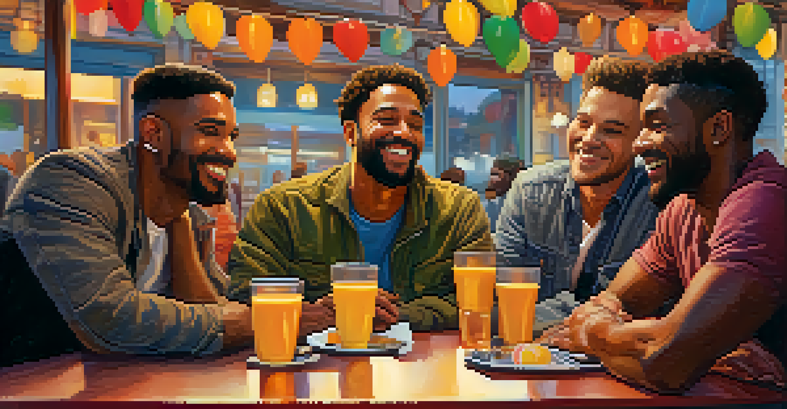A group of diverse male friends in a lively café, engaged in deep conversations and laughter, showcasing emotional support.