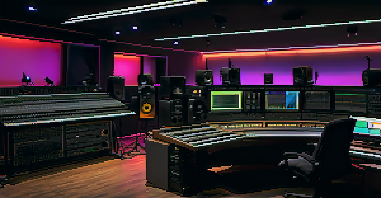 A modern sound design studio with a sound designer working among advanced audio equipment and colorful lighting.