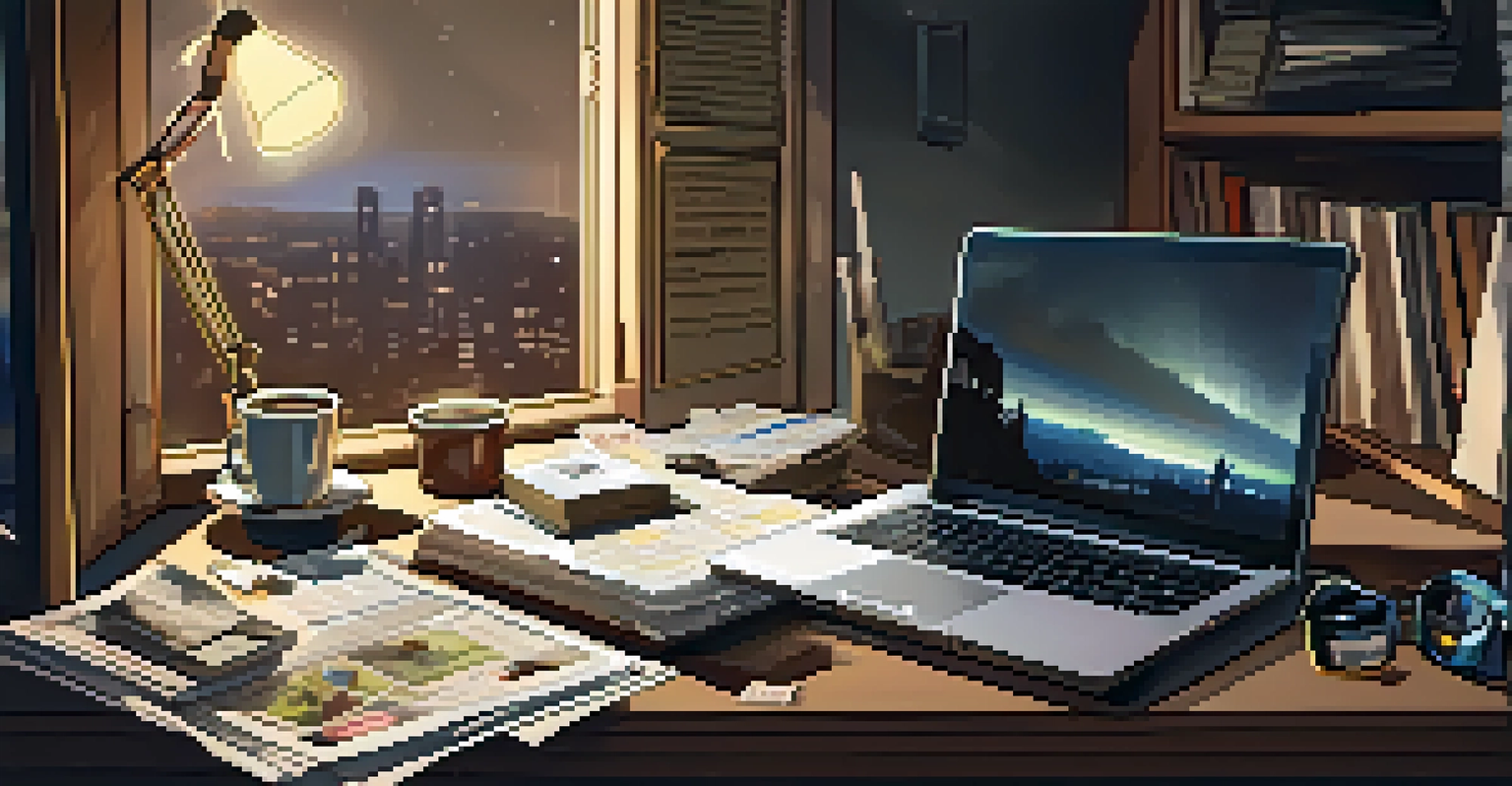 An overhead view of a detective's desk filled with crime scene photos and a glowing laptop in a dimly lit room.