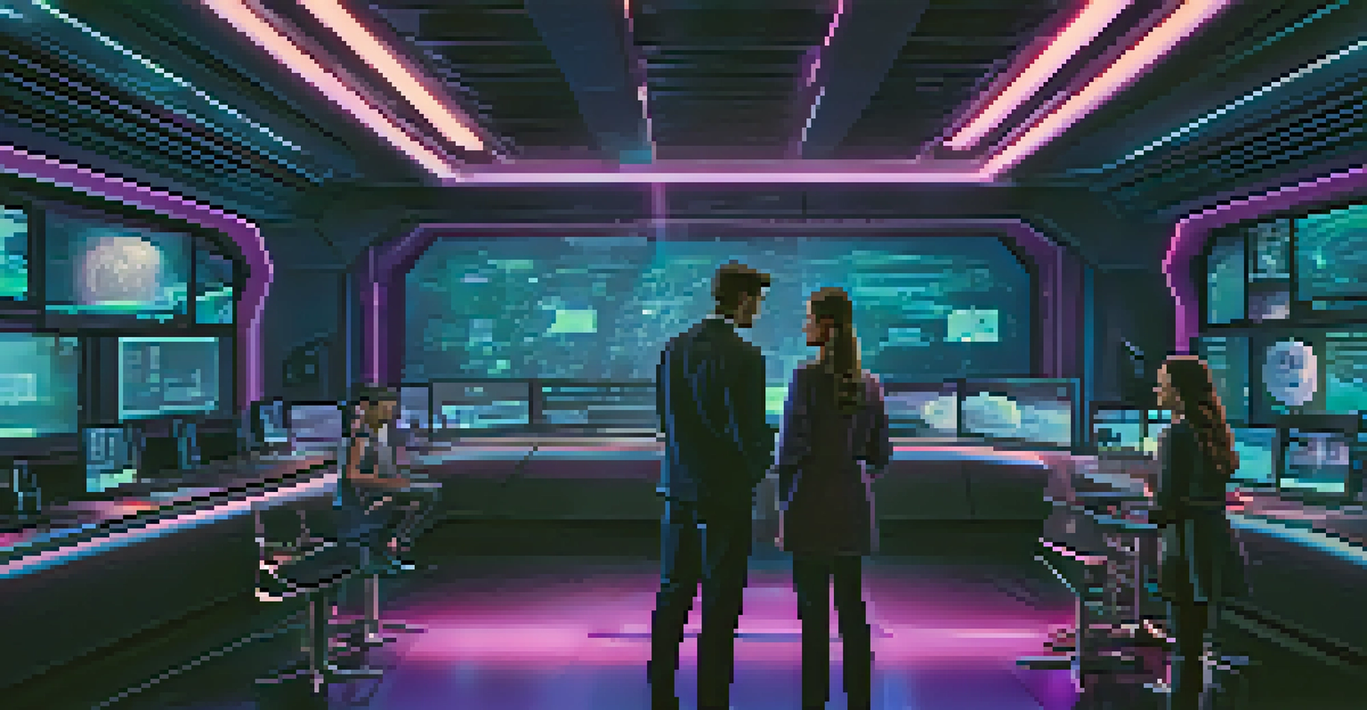 A futuristic control room filled with screens showing narrative paths, with a diverse group of people discussing and exploring interactive story options in a dimly lit, neon atmosphere.