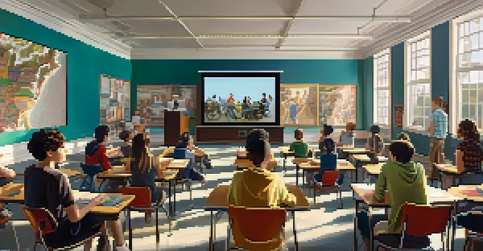 A classroom filled with diverse students actively discussing a film, with a projector screen showing a film still and film posters on the walls.