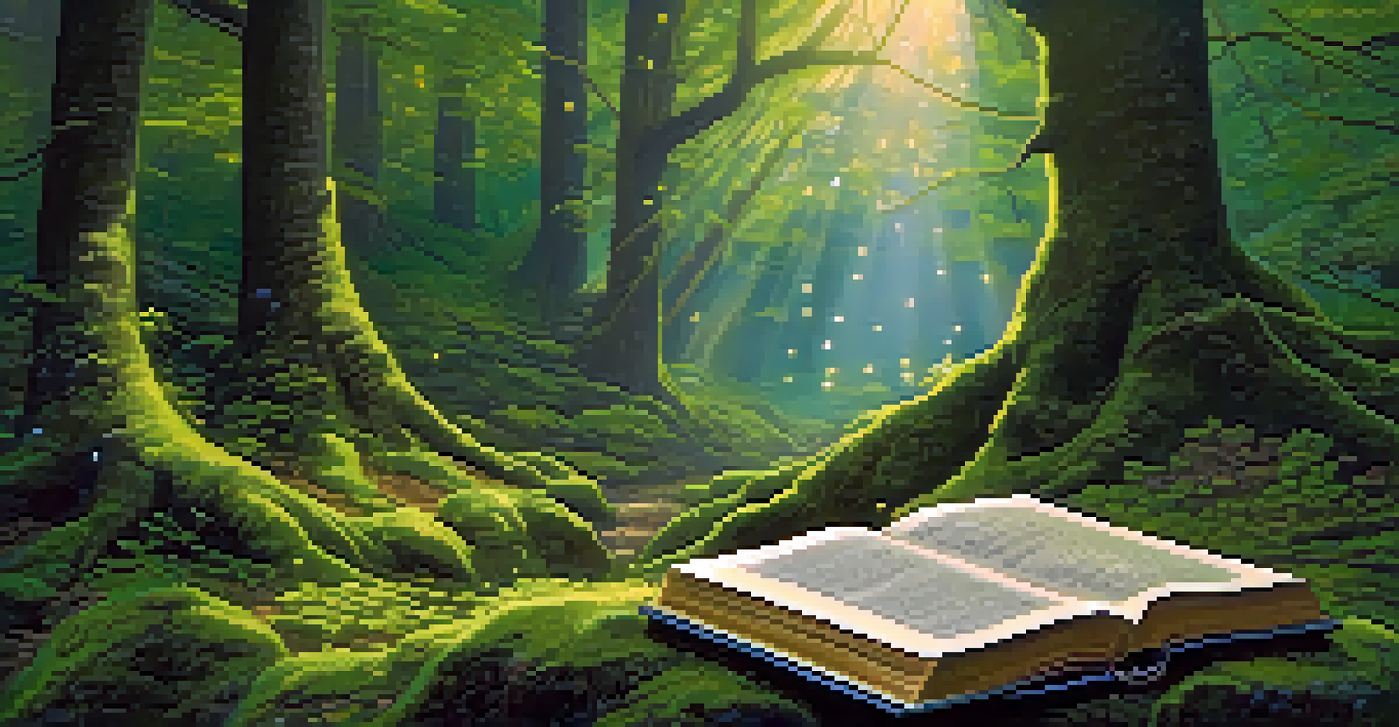 A magical forest with sunlight filtering through trees and an open book on moss, surrounded by glowing fireflies.