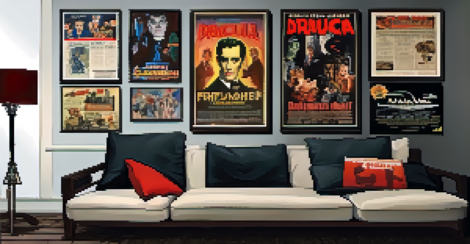 An old room with vintage horror movie posters and flickering candlelight creating an eerie atmosphere.