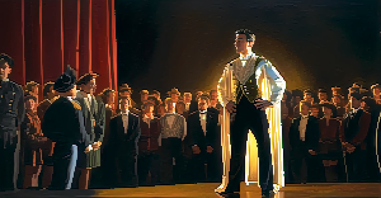 An actor in vintage costume practicing on stage under a spotlight, expressing emotion.