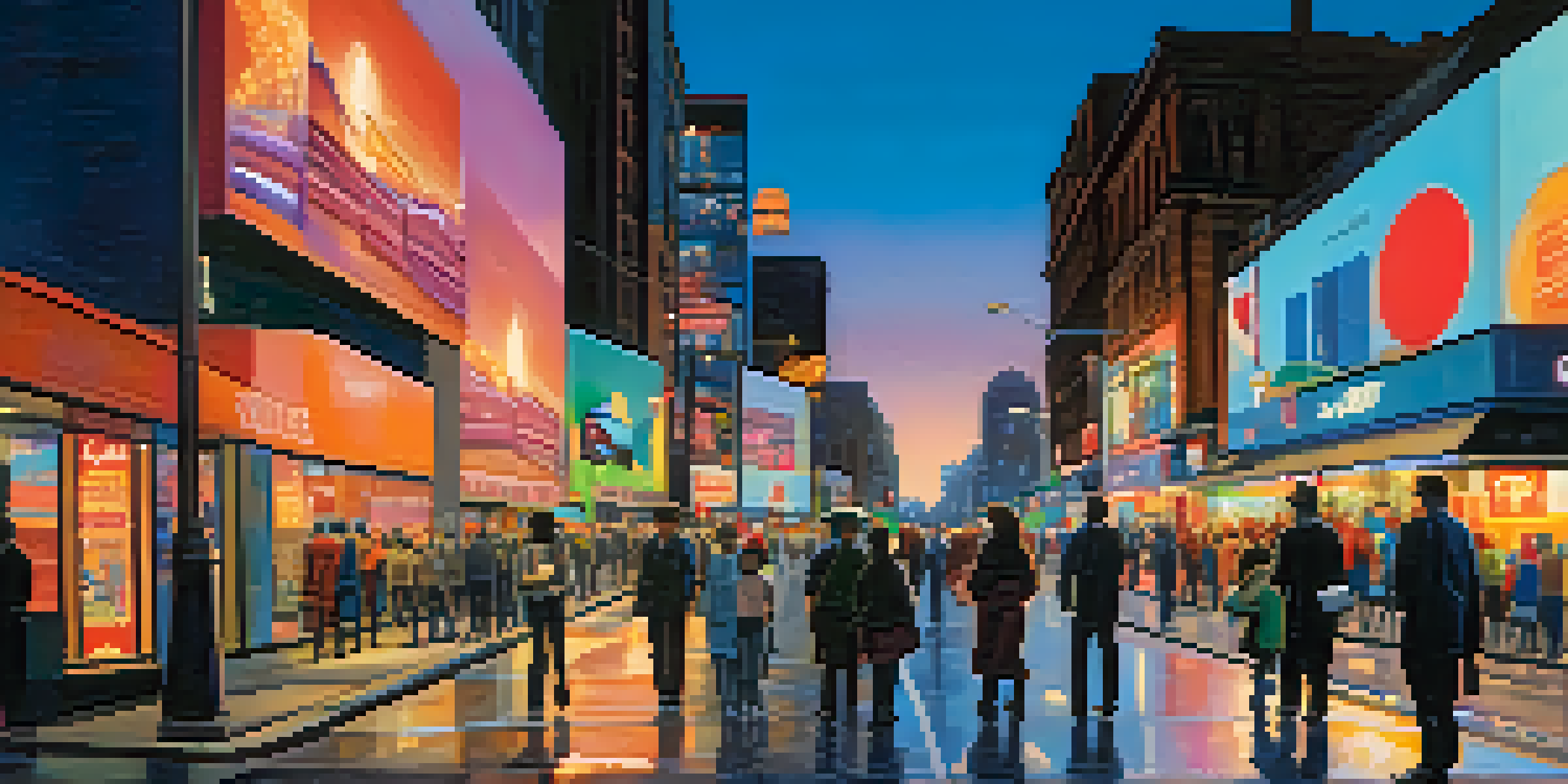 A bustling city street at dusk with colorful billboards and pedestrians, creating an engaging urban atmosphere.