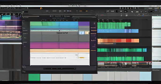 A close-up of film editing software on a computer screen, displaying clips and tools, surrounded by notes and feedback forms.