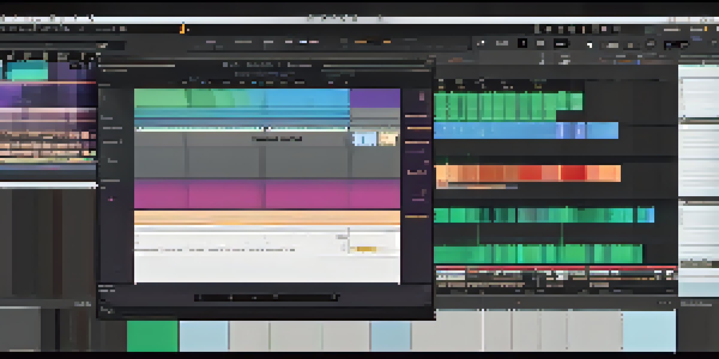 A close-up of film editing software on a computer screen, displaying clips and tools, surrounded by notes and feedback forms.