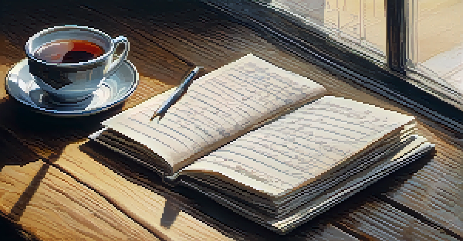 A close-up of a critic's notebook filled with notes and sketches, placed on a rustic wooden table with a cup of tea, illuminated by natural light.