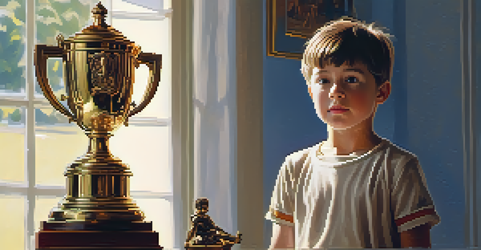 A character holding a trophy with a thoughtful expression, with a blurred childhood photograph in the background.