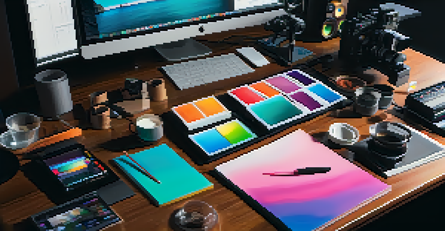 An overhead view of a cinematographer's workspace with lighting tools, color gels, and a laptop.