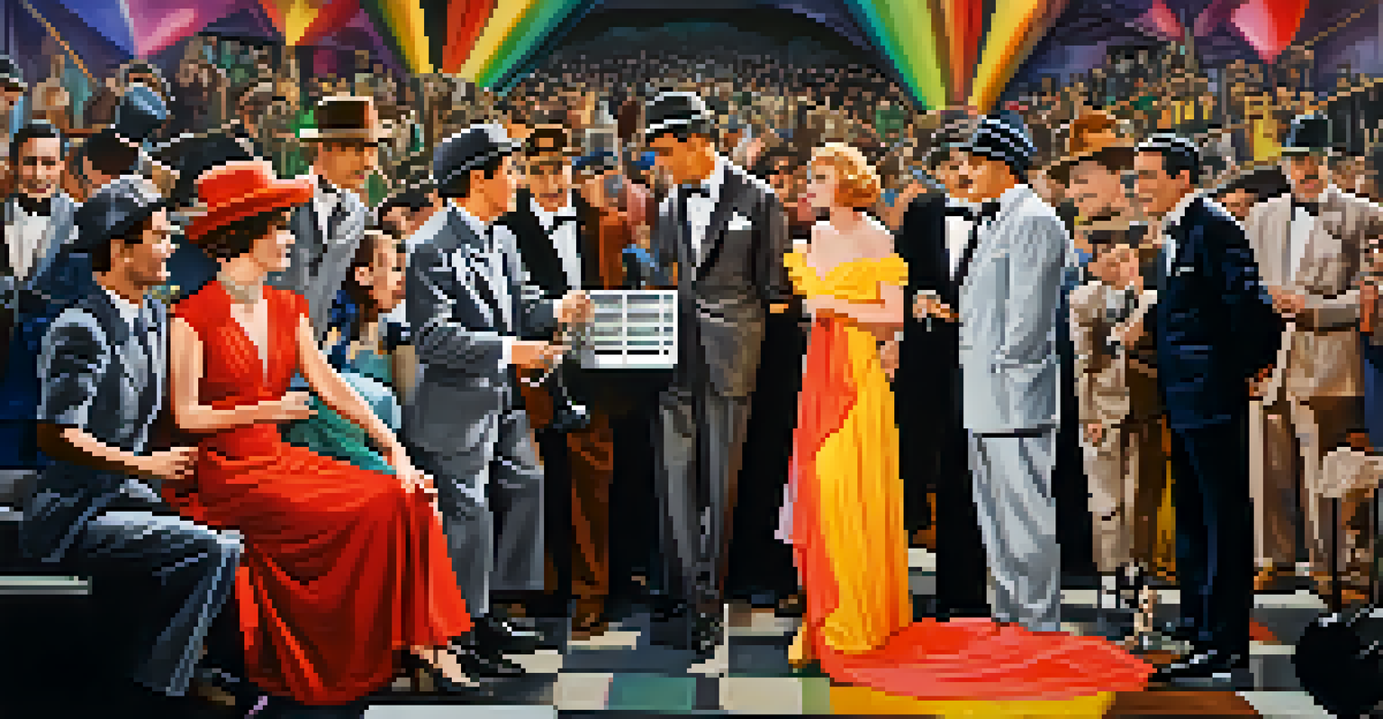 A split scene depicting the transition from silent films to sound films, with actors in exaggerated expressions on one side and colorful costumes on the other.