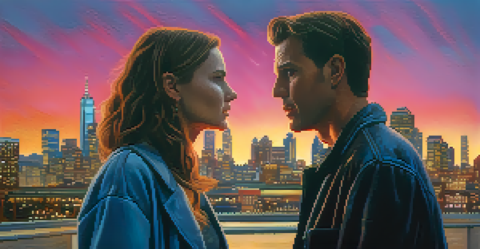 A split image of a character in dialogue and their inner thoughts, with a blurred cityscape background.