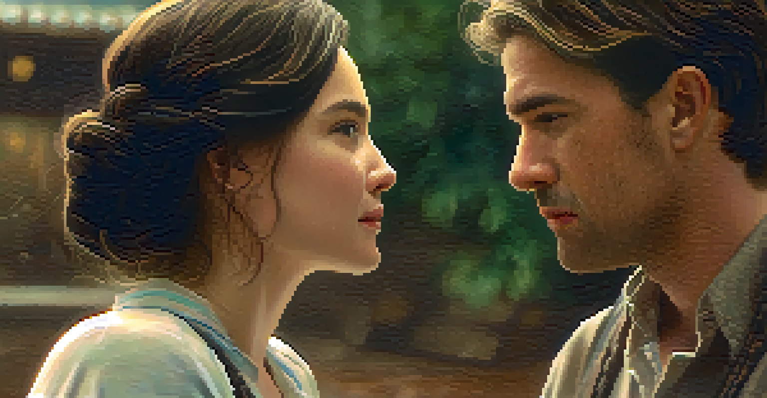 Two characters share an emotional glance, with warm lighting highlighting their faces.