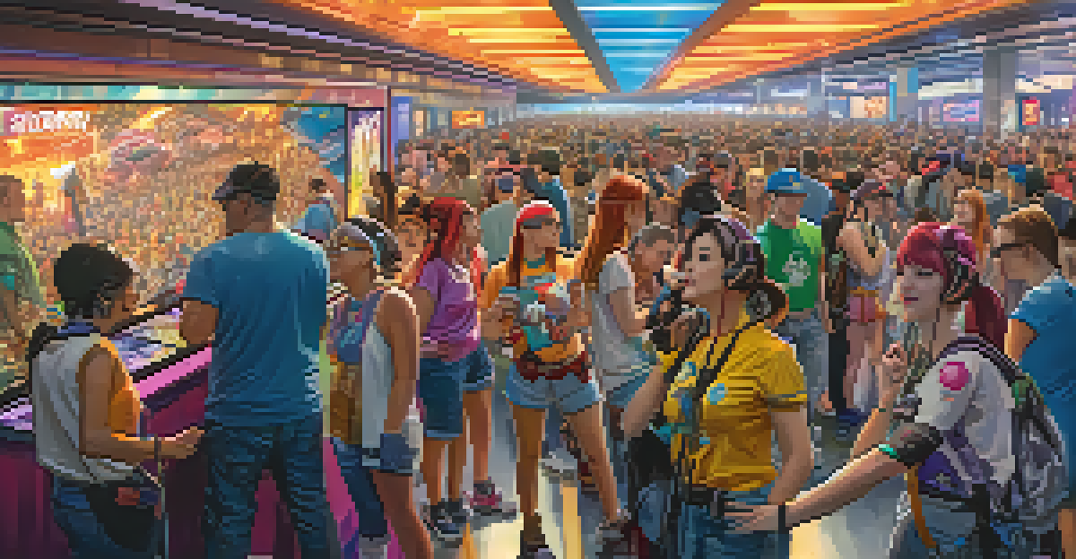 A lively gaming convention with fans in colorful cosplay, merchandise booths, and large screens showing trailers.