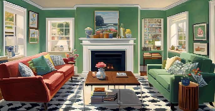 A 1950s living room with a family playing a board game, warm lighting, and vintage decor.